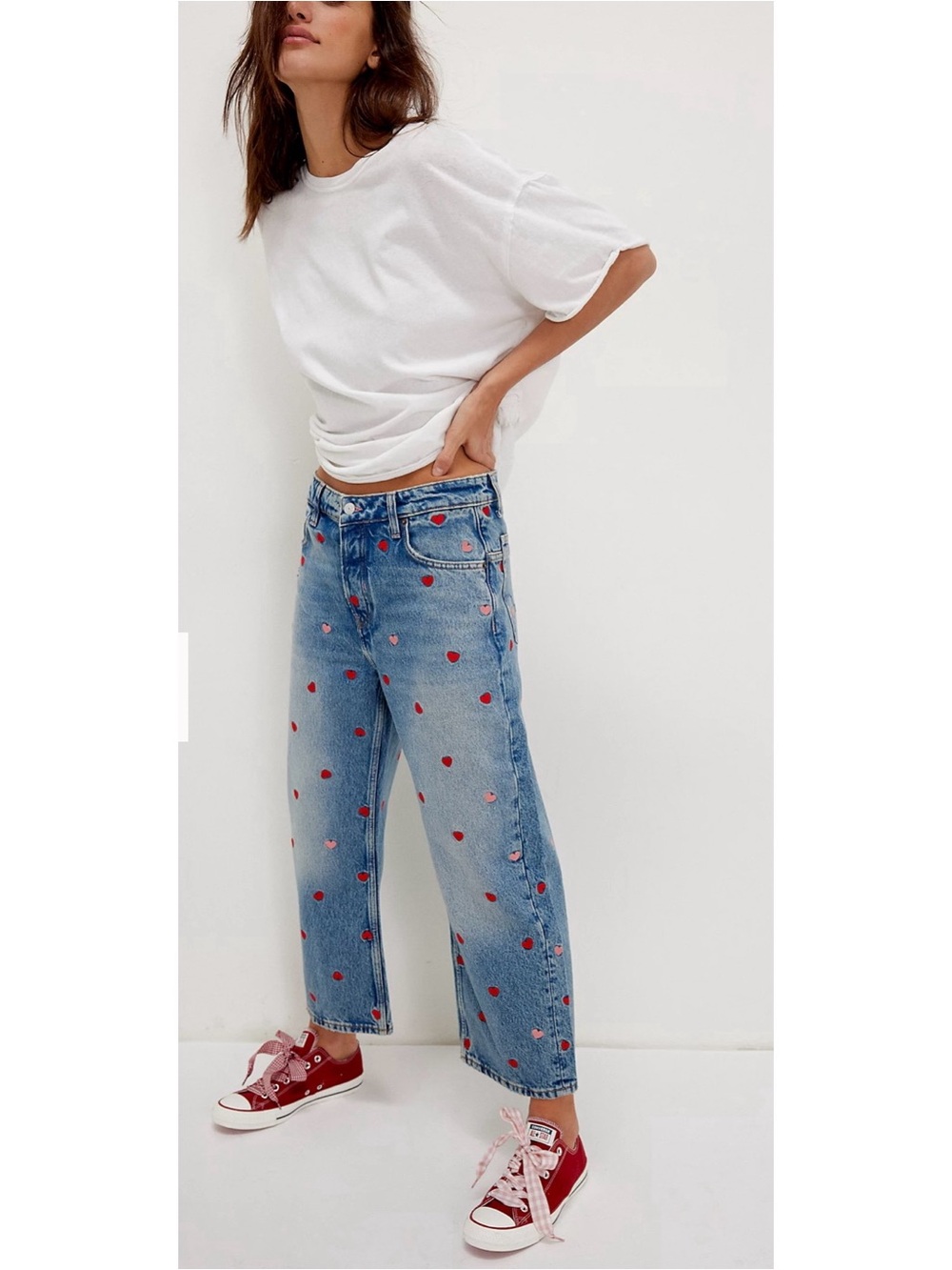 High-Rise Light Wash Jeans with Red Heart Embroidery